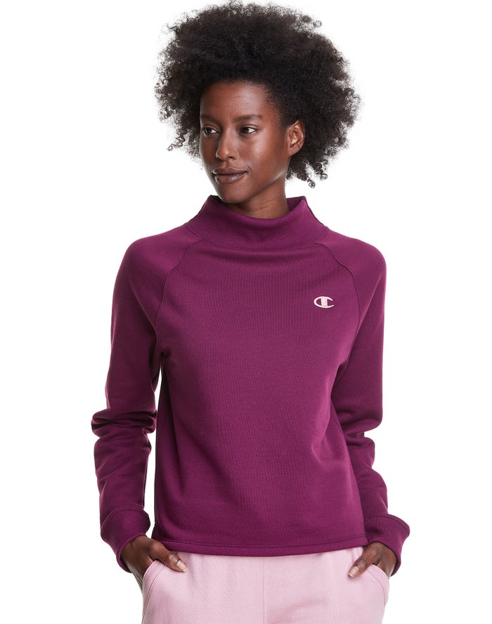 Champion Powerblend Fleece Mock Neck Embroidered Logo Kadın Sweatshirt Koyu Mor ( JYURQA906 )